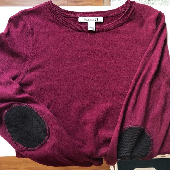 F21 Maroon Red Sweater with Corduroy Elbow Patch Size Large - Picture 2 of 2